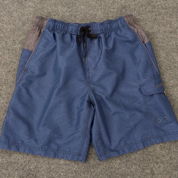 SPEEDO Swim‎ Trunks Men's L Blue Gray Drawstring Pockets Logo Shorts Lined - Picture 1 of 13